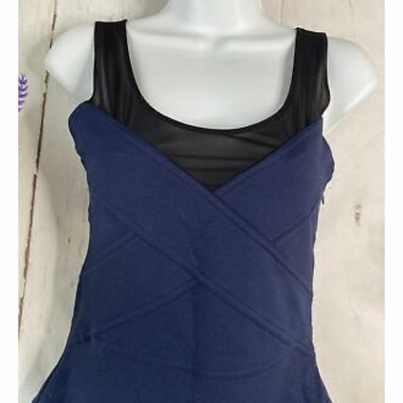 Express Navy with Black Sheer Accent Body Con Dress  Flattering Seaming Detail - Picture 3 of 10